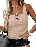 Totatuit Tank Top Damen Sexy Party Top Tiefer U-Ausschnitt Sommer Slim Fit Gerippte Oberteile Mit Schnürung Apricot L