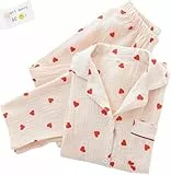 Pyjama-Set mit Herz-Print, Baumwoll-Pyjama-Set, süßes Langarm-Button-Down-Shirt mit Herz-Print und Langer Hose,Beige,XL