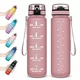 Trinkflasche 1L, Tritan Wasserflasche Sport BPA Frei, Wasserflasche 1L Zeitmarkierung und Filter, Sport Trinkflasche Kohlensäure Geeignet, für kinder, Sport, Fahrrad, Camping, Outdoor
