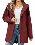 CMTOP Jacke Damen Lang Wasserdicht Winddicht Parka Reißverschlusstasche Übergangsjacke Abnehmbare Kapuze Softshelljacke Windbreaker Leicht Regenjacke für Frühling Sommer Herbst(Burgunderrot,M)