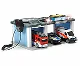 Dickie Toys SOS Rettungsstation mit Polizei, Feuerwehr und Krankenwagen, Station mit Licht & Sound, Mikrofon mit Lautsprecherfunktion, Tore zum Öffnen, inkl. Batterien, 31x22x16 cm, Blue