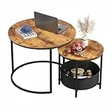 WLIVE Couchtisch 2er Set, Beistelltisch Rund mit Stauraum, Wohnzimmertisch Holz mit Metallrahmen, Sofatisch für Wohnzimmer Schlafzimmer, Rustikales Braun
