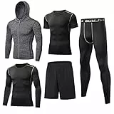 BUYJYA 5-teiliges Herren-Kompressionshose, Shirt, Oberteil, langärmelig, Sport-Sets, Fitnessstudio, Kleidung, Herren-Workout, Grau, X-Large