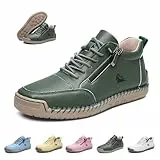 Damen Handgefertigt Weiches Leder Hohe Stiefel Outdoor Beck Schuhe Wasserdicht Rutschfest Allwetter Ultra-bequemer Barfußschuhe Reißverschluss Retro Wanderschuhe Orthopädische Sneakers(Grün,40 EU)