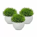 Relaxdays Kunstpflanzen, 3er Set, künstliche Pflanzen im Topf, Kunststoff, Stein, Tischdeko, Gras Dekopflanze, grün/grau