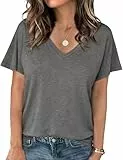 Crewhpo Tunika Damen Sommer T-Shirt mit V-Ausschnitt T Shirt Baumwolle Basic Top Einfarbige Casual Oberteile Kurzarm Stretch Bluse Lockeres Elegant Grau