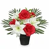 Hollyone Künstliche Friedhof Blumen für Grabschmuck, Kunstblumen im Topf für Grab, Rot Künstlicher Rosen und Lilien Deko Blume Grabgesteck Gedenkstätte Seidenblumen