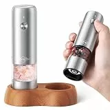 Sangcon Mini Elektrische Salz und PfeffermüHle Set, Tragbar USB Wiederaufladbare Kinder PfeffermüHle, 5 StäRken Einstellbar, Edelstahl Mit Holzsockel, Geeignet FüR Camping