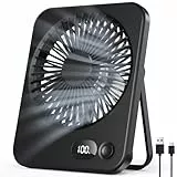 Tischventilator Kleiner - USB Ventilator mit 5 Stufen, 180° verstellbar, Ultra-Slim 3,8 cm, LED-Display, bis zu 8 Std. Laufzeit, Tragbarer Mini Ventilator mit Akku für Büro, Reisen, Schminken, Schwarz