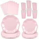 NatNarr 125 Stück Party Geschirr Einweg für 25 Gäste, Gewellte Rosa Servietten und Pappteller Geburtstag, Becher, Papierstrohhalme für Babypartys, Geburtstag, Hochzeiten