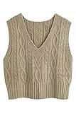 Pullunder Damen Ärmellos V-Ausschnitt Strickweste Pullover Elegant Strickpullover Strickpulli Casual Damen Herbst Winterpullover Sweater Vest Khaki M