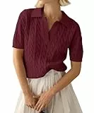 LACOZY Kurzärmeliges Damen-Poloshirt, V-Ausschnitt, gerippt, lässig, leicht, 2025, burgunderfarben, M