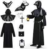 IEEILULU Pestdoktor Kostüm Herren, Plague Doctor Costume, Halloween Kostüm Herren Pestarzt mit Pestdoktor Maske, Leder-Gürteltasche und Laterne, Mittelalter Seuchendoktor Outfit für Erwachsene (XXL)
