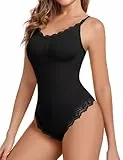 Tuopuda Shapewear Damen Bauchweg Body Shaper Shaping Bodysuit Women Formende Bodys Sculpting Stringbody Spitzen Shape String Miederbody mit Verstellbarer Schultergurt Tanga Unterwäsche, Schwarz, L