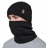 Wmcaps Wintermütze Schal Set für Herren Damen, mit Fleece Gefütterte Strickmütze und Halswärmer Weich Warm Thermische Accessoires für Kaltes Wetter Unisex Geschenk für Männer Frauen, Schwarz