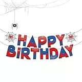 Ovanda Spider Happy Birthday Girlande, Kindergeburtstag Deko, Spider Geburtstagsdeko Themed Party Set Happy Birthday Banner, Happy Birthday Girlande Rot Blau Dekoration Schriftzug
