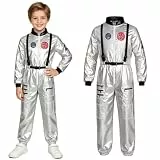 AUYAO Astronaut Kostüm kinder, Silber Astronautenkostüm Kind, Unisex Astronautenoverall, Weltall Kostüm Mädchen Jungen Raumfahrer Spaceman Kostüm Faschingskostüme, Halloween, Cosplay, Mottoparty (S)