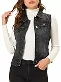 Allegra K Damen Jeansweste Ärmellos Knopfleiste Sommer Denim Revers Jacke Westen mit Taschen Schwarz XL