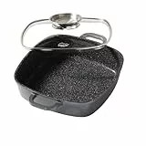 STONELINE Servierpfanne Eckig 24 cm, Eckige Pfanne Induktion mit Deckel, Aroma Funktion, Aluguss, Antihaft Pfanne Beschichtet mit echten Steinpartikeln, Für alle Herdarten, Backofen, Grau