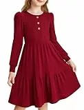 PATPAT Mädchen Kleid Langarm: Strickkleid Festlich Kinderkleider Elegant Prinzessin Kleid für Mädchen Geburtstag Fest Alltagskleid Schule Teenager Kleider, Burgund 11-12 Jahre 146-152 cm