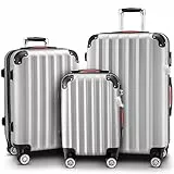 MONZANA® 3tlg. Kofferset, Silber - M-L-XL - inkl. Schloss, Organizer & Kofferwaage - Gurt Gel-Griffe, Zwillingsrollen, Standfüße, Trolley, Reisekoffer, Hartschalenkoffer, Gepäck-Set, Trolley Set