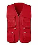 KTWOLEN Herren Outdoor Weste Baumwolle Anglerweste Freizeit Jagd Trekking Wander Angler Camping Safari Weste Ärmellos Jacke mit vielen praktischen Taschen, rot, XXL