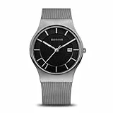 BERING Herren Quarz Uhr | 40 mm silbernes Edelstahlgehäuse und schwarzes Zifferblatt | Milanaisearmband | 3 ATM | 11938-002