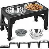 Romicta Erhöhte Futterstation für große Hunde, 5-Fach höhenverstellbar, inkl. 2 * 1200ML Edelstahlnäpfen und 1 * 800ML Langsamfutternapf