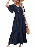 KOJOOIN Damen Sommerkleid Spitze Kurzarm Maxikleider Boho Strandkleid lang Rüschen Volant Kleid V-Ausschnitt Freizeitkleid mit Knöpfen Partykleid (Verpackung MEHRWEG), A-Dunkelblau, XL