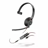 Schnurgebundenes Headset Poly Blackwire 5210 (Plantronics) Flexibler Mikrofonarm mit Noise Cancelling - Ein-Ohr – Verbindung mit PC/Mobilgeräten über USB-C, USB-A oder 3,5 mm, Kompatibel: Teams, Zoom