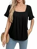 Missufe Damen Rüschen Kurzarm Plissee Sommer Freizeit Locker Tunika T-Shirt Oberteil Tops (Schwarz, Groß)