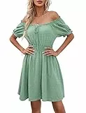 KOJOOIN Damen Sommerkleider MiniKleid Swiss dot Kurzarm Kleid Puffärmel mit Rüsche trägerlos Kleider Tupfen Freizeit Sommer Strand grün L