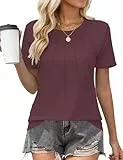 PLOKNRD Damen T-Shirt Plissiert Rundhals lässig Tops Elegant Kurzarm Oberteile Burgundisch XL