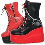 Gothniero Damen Kampf Motorrad Stiefel Rote Plattform Fette Zehen Motorrad Fest Karneval gotische Stiefel für Frauen Punk Stimmung Schuhe mit Metallkette Seite Reißverschluss Runde Zehen Größe 35-42