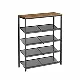 VASAGLE Schuhregal, Schuhablage, 5 Ebenen, große Oberfläche, verstellbare Gitterablagen, platzsparend für Eingangsbereich Flur, Metall, Industrie-Stil, honigbraun-tintenschwarz LBS038K01