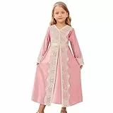 FYMNSI Muslimisches Abaya-Kleid für Kinder, Mädchen, bescheidene Spitze, Gürtel, islamischer Maxi-Bademantel, Kaftan, Ramadan, arabisch, Dubai Kleidung, Pink, 10-11 Jahre