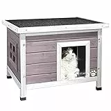 VOUNOT® Katzenhaus aus Holz, Katzen Haus mit Asphaltdach, Katzenhütte für Draussen Outdoor 57 x 45 x 43 cm, Grau