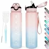 AOHAN Trinkflasche 1L BPA-frei Sport Wasserflaschen mit Stroh, Spülmaschinensichere Verschlussdeckel Auslaufsichere Motivierende Sportflasche mit Zeitmarkierungen für Sport