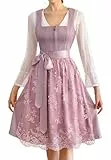 EIISSION Dirndl Damen Trachtenkleid Dirndlkleid midi Tracht Damen Lang Rosa 3 Teilig mit Trachtenrock Langärmel Dirndlbluse Schürze Trachtenmode Trachten Kleid für Oktoberfest 40