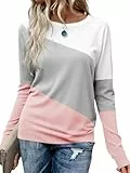 Cicy Bell Damen Colorblock Langarm Tops Rundhals Langarmshirt Casual Locker Oberteile T-Shirt Bluse Tunika,Weiß-Rosa,M