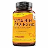 Vitamin D3 & K2 Tabletten - 240 Hochdosierte Tabletten - Premium Sonnenvitamine für Gesunde Knochen, Muskeln und Immunsystem - Vegetarisch - Hergestellt von Nutravita