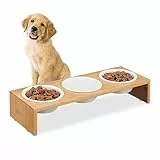 Relaxdays Futterstation Hund, Hundebar 3 Näpfe, je 400 ml, spülmaschinenfest, Bambus & Keramik, Napfständer, Natur/weiß