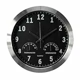 Perel Analoge Wanduhr 35,5 cm mit DCF-Zeitsynchronisation, Thermometer und Hygrometer, gut ablesbares Zifferblatt, silberner Aluminiumrahmen, Wohnzimmer Küche Büro Wartezimmer
