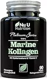 Marine Kollagen Hyaluronsäure & Vitamin C Komplex hochdosiert - 90 Kapseln - Hydrolysiertes 100% reines Fisch Kollagen Typ I - Collagen mit Vitaminen & Mineralien - 1 Monat Vorrat - Nu U Nutrition