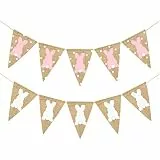 2 Stück -Wimpelkette, Banner, Kaninchen, Wellenspitze, Girlande für -Party-Dekorationen (Weiß + Pink)