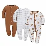 3PCS Baby Schlafstrampler Babychlafanzug Babyschlafsack Baumwolle mit Füßen mit knöpfen Gr. 56 62 68 für Junge Mädchen Neugborenen (Löwe, 62)