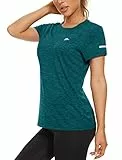 KEFITEVD Atmungsaktiv Tshirt Damen Sport Stretch Laufshirt Kurzarm Golf Shirt Leicht Dünn Yoga Oberteil Frauen Rundhals Schnelltrocknend Fitnessshirt Meliert Jadegrün S