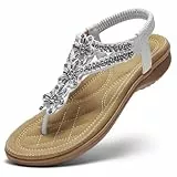 Littleplum Sandalen Damen Flache Strass Bohemia Zehentrenner Elegant Sandaletten mit Weiche Fußbett, Cremeweiß, 41 EU