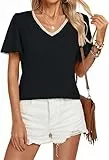 Kate Kasin Damen V-Ausschnitt T-Shirt Kurzarm Smocked Shoulder Tops Comfy Loose Fit Pullover Tees Solid Colour Slim Daily Wear Blouse Black L
