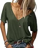 Tankaneo Damen Mode tief V-Ausschnitt Kurze Ärmel Tops Solide Lässig Lose Basic T Shirt Dunkelgrün XL